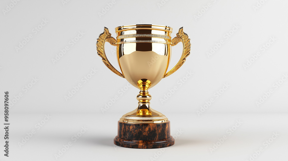 Obraz premium Wyróżniające się złote trofeum umieszczone na białym tle, reprezentujące elegancję i prestiż. Idealne do uznawania wyjątkowych osiągnięć i jako symbol sukcesu w różnych dziedzinach.