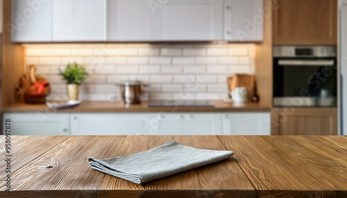 Wooden dinning table with napkin in front of blurred kitchen
 photo