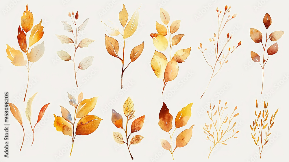 Fototapeta premium set of yellow leaves and branches, collection on a white background in watercolor style, delicate art