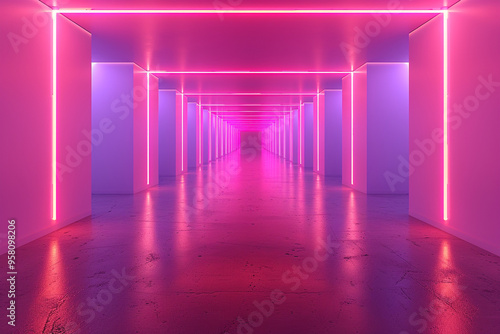 A white room with neon lights provides a minimalist and modern backdrop, creating a sense of spaciousness and contemporary ambiance for various creative and commercial uses 