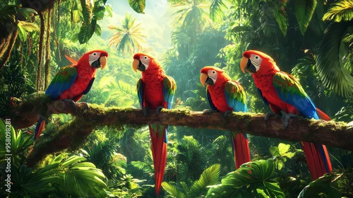 Obraz Tropikalny las deszczowy z mnóstwem papug w różnych odcieniach, które swobodnie latają w gęstej roślinności. 