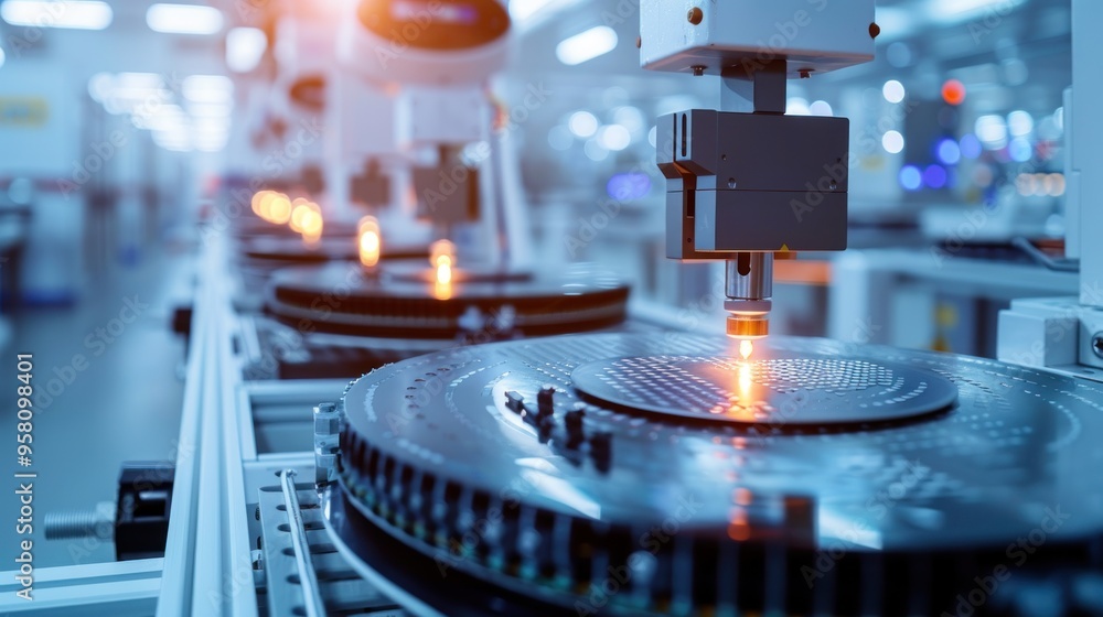 Automated machinery processing semiconductor wafers in an industrial cleanroom, with robots and advanced equipment. Automated machinery processing semiconductor wafers in an industrial cleanroom, with robots and advanced equipment.