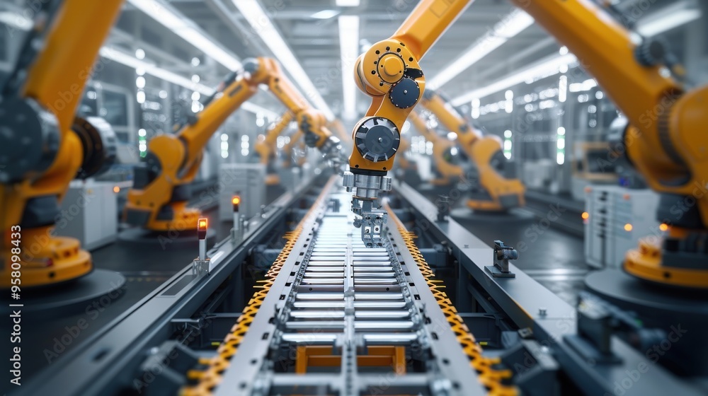 Robotic arms assembling car frames on a production line in an automotive factory, with advanced machinery and precise movements. Robotic arms assembling car frames on a production line in an automotive factory, with advanced machinery and precise movements.