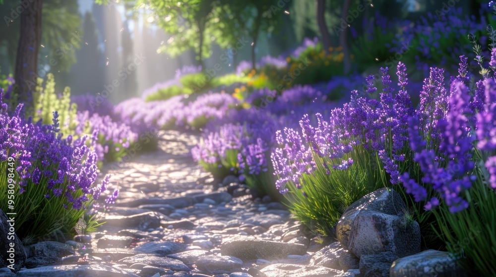 Obraz premium A lavender field in a summer garden, with plants in full bloom and a fragrant scent in the air.