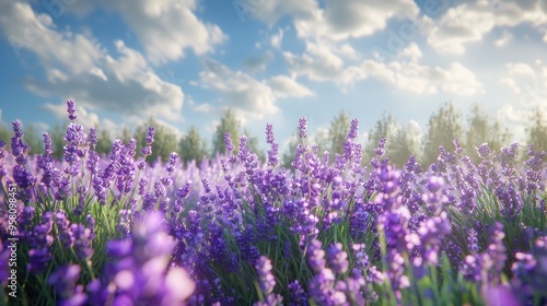 A lavender field in a summer garden, with plants in full bloom and a fragrant scent in the air.