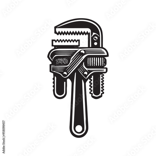 Pipe fitting wrench illustration in black and white - Mechanic Tools Vector 