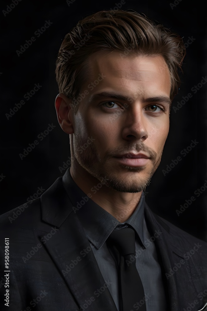 A closeup portrait of successful businessman isolated in black background. A closeup portrait of successful businessman isolated in black background.