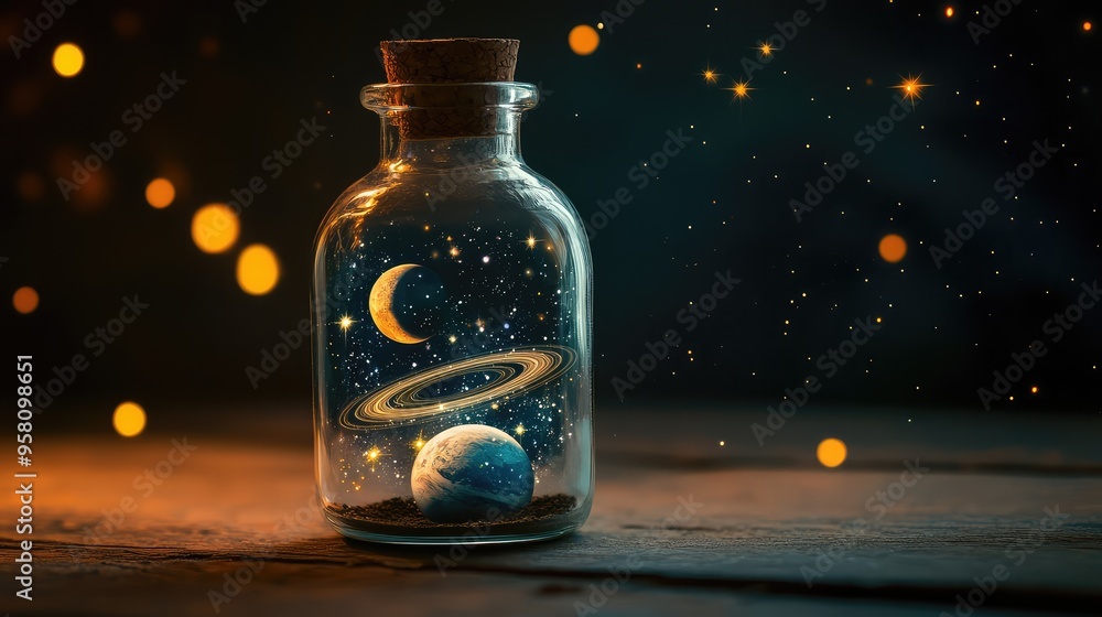 A glass bottle sealed with a cork contains a tiny universe. Stars sparkle around a crescent moon and a ringed planet, floating in a dark void A glass bottle sealed with a cork contains a tiny universe. Stars sparkle around a crescent moon and a ringed planet, floating in a dark void