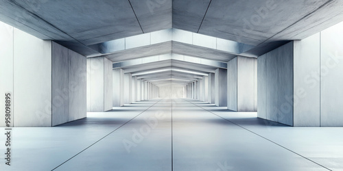 Futuristic concrete corridor with symmetrical geometric architecture and endless perspective