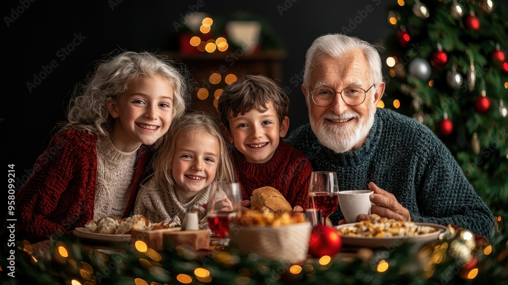 A joyful family gathered around a Christmas dinner, sharing laughter and love in a festive setting with twinkling lights. A joyful family gathered around a Christmas dinner, sharing laughter and love in a festive setting with twinkling lights.