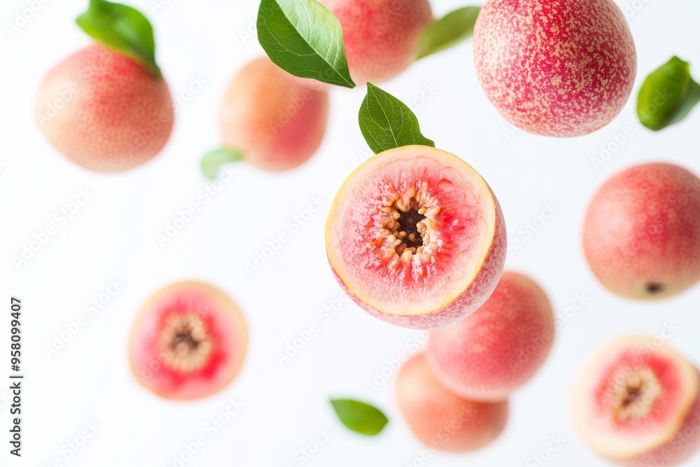 Falling guava fruits on a white background, Falling guava fruits on a white background,