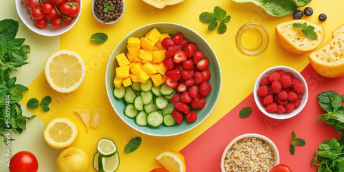 Colorful fresh fruit and vegetable salad with ingredients on bright background