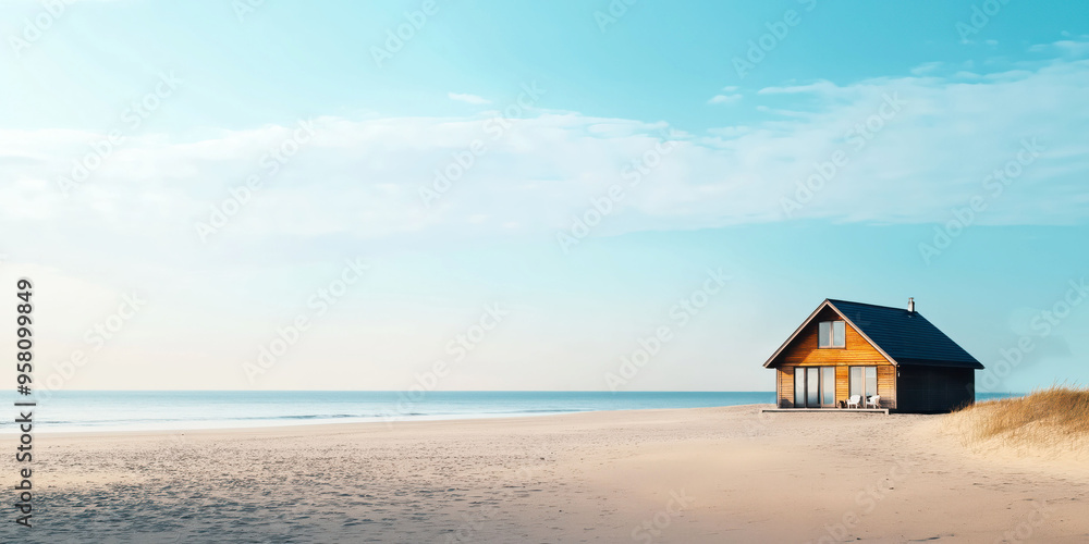 Cozy beachfront cabin with serene ocean view under clear blue sky Cozy beachfront cabin with serene ocean view under clear blue sky