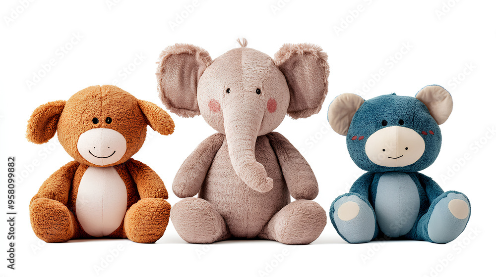 Cut out set of 3 stuffed animal toys isolated on white background Cut out set of 3 stuffed animal toys isolated on white background
