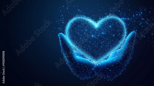 Abstract vector 3d human hands holding or giving heart symbol in dark blue. Charity, volunteering, social care concept. Digital low poly mesh wireframe with connected dots, lines, stars and shapes