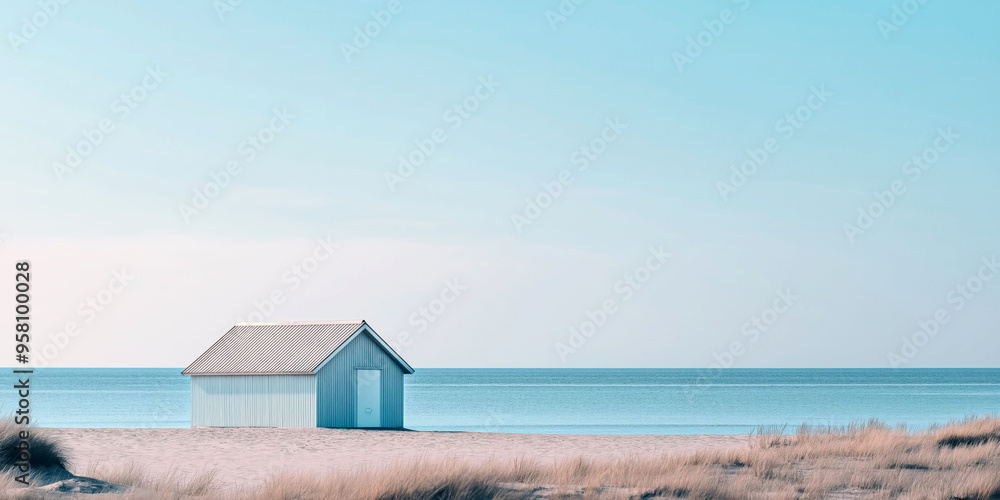 Tranquil beach hut by the sea: serene coastal landscape with clear blue sky Tranquil beach hut by the sea: serene coastal landscape with clear blue sky
