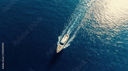 Aerial view of a fast boat on a blue sea on a sunny day, showcasing a luxury yacht ship boat in the open sea, isolated with white highlights for travel content.