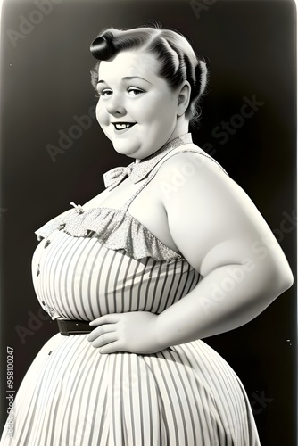 vintage portrait of a pretty world's fattest woman at a circus, chubby, fat, performer, spectacle, sideshow, freakshow, curvy, overweight, obese, costume, carnival, tent, old-fashioned, classic, cute photo