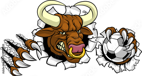 A bull or Minotaur monster longhorn cow angry mean soccer football mascot cartoon character.