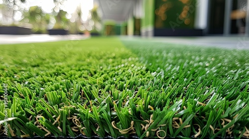 Close-up of Artificial Grass Blades with Blurred Background photo