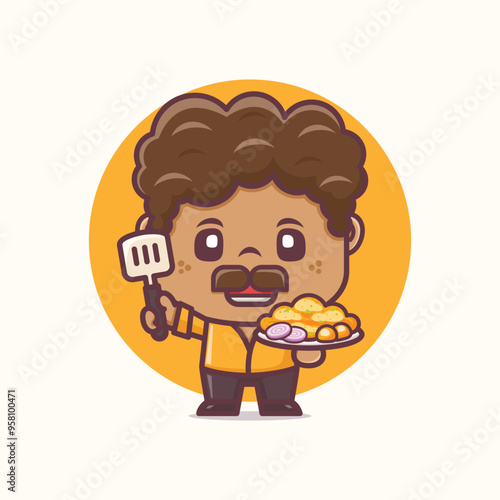 Cute indian chef cartoon mascot with biryani rice