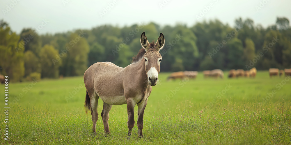 Tranquil donkey in lush green pasture with forest background Tranquil donkey in lush green pasture with forest background