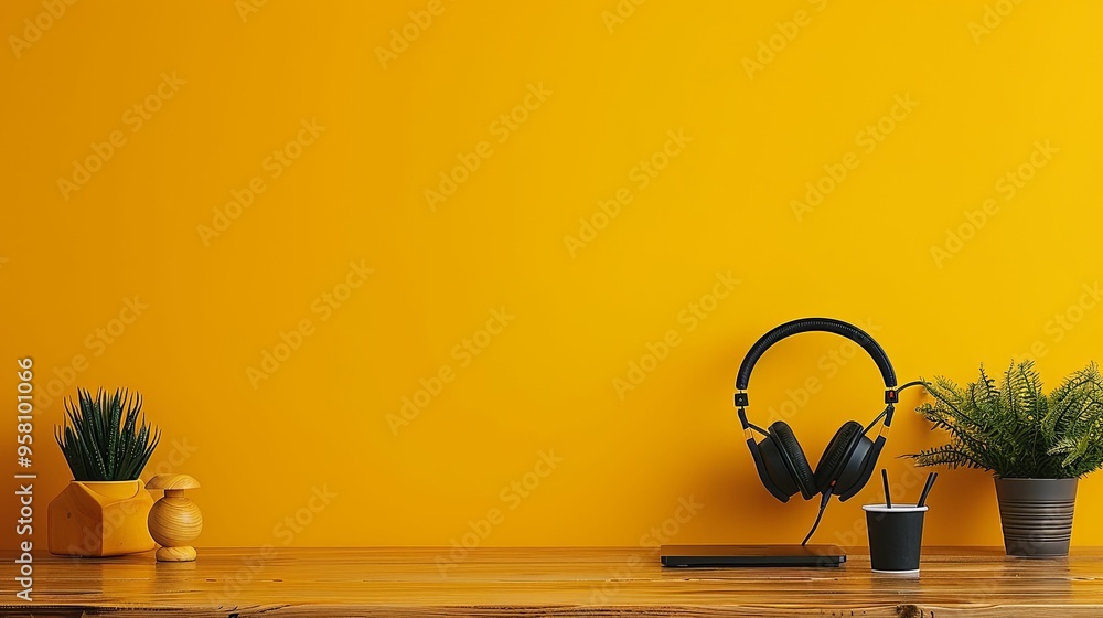 Headphones, Plants, and a Cup on a Wooden Table Against a Yellow Wall Headphones, Plants, and a Cup on a Wooden Table Against a Yellow Wall