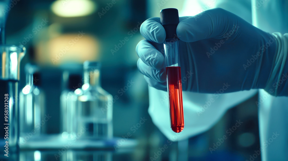 With precision, a doctor's hand grips a test tube filled with blood as another colleague conducts a procedure in a busy lab environment With precision, a doctor's hand grips a test tube filled with blood as another colleague conducts a procedure in a busy lab environment