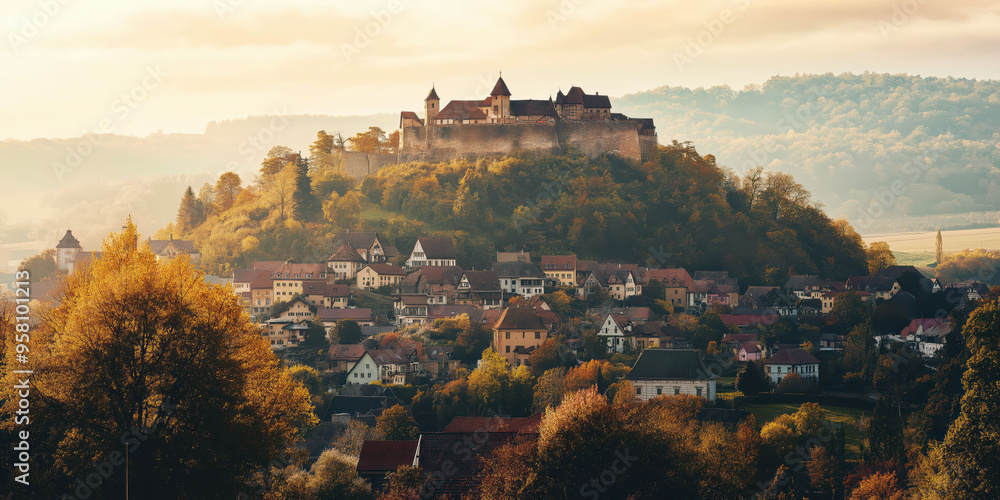 Obraz premium Medieval castle overlooking quaint village in autumnal hillside