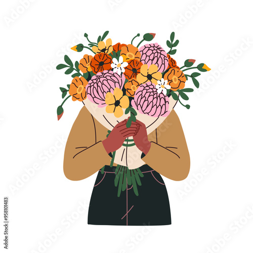 Woman holding flower bouquet, delicate summer blooms. Girl with blossom bunch...