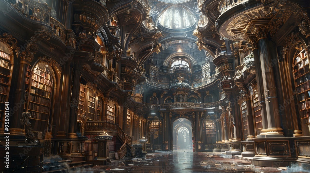 Grand Library Interior with Ornate Architecture and Bookshelves Grand Library Interior with Ornate Architecture and Bookshelves