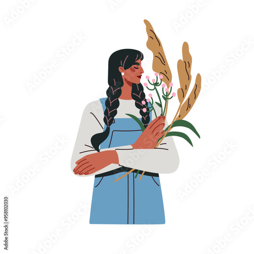 Young woman holding wildflowers, smelling delicate field and meadow flowers. Beautiful girl with gentle tender summer floral plants in hands. Flat vector illustration isolated on white background