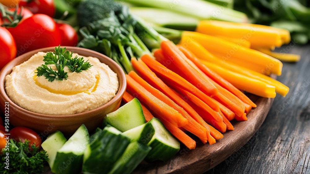 A vibrant platter of fresh vegetables including carrots, cucumbers, and tomatoes, served with a bowl of hummus on a wooden table. A vibrant platter of fresh vegetables including carrots, cucumbers, and tomatoes, served with a bowl of hummus on a wooden table.