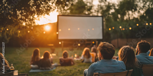 Cozy outdoor movie night in a garden with friends at sunset