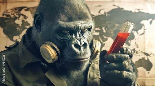 A gorilla in an industrial gas mask holds a red test tube, scrutinizing its contents with a dark world map illuminated by sunlight behind him photo