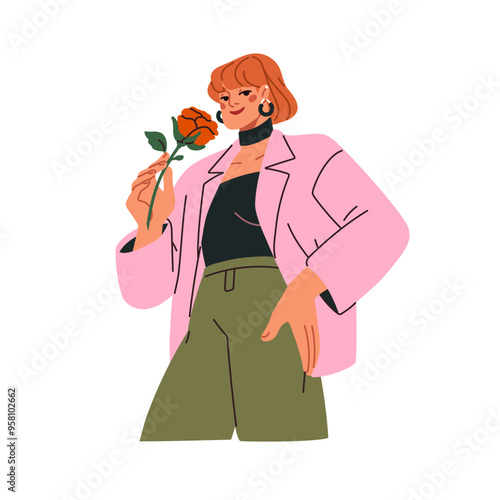 Woman holding rose, smelling beautiful floral plant. Modern trendy young girl...