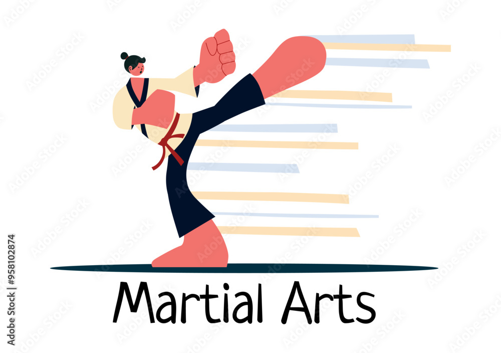 Martial Arts Vector Illustration with an Athlete Doing a High Kick Exercise, Practicing Karate or Performing Fighting Poses in a Flat Background Martial Arts Vector Illustration with an Athlete Doing a High Kick Exercise, Practicing Karate or Performing Fighting Poses in a Flat Background