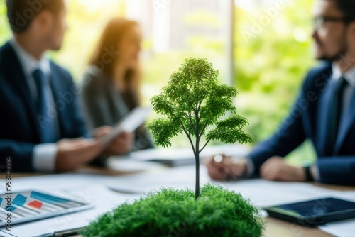 A focused business meeting with a green tree centerpiece, symbolizing growth and sustainability in a modern office setting.