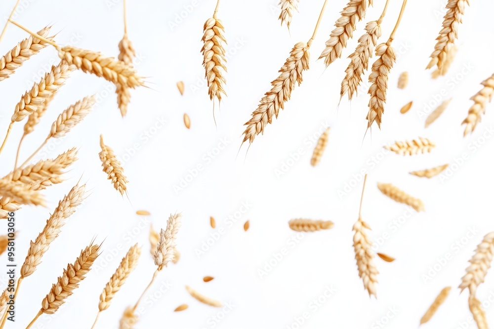 Wheat ears floating in the air against a white background, Wheat ears floating in the air against a white background,