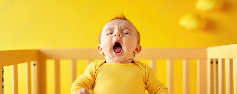 Adorable baby in yellow onsie yawning in a crib against a bright yellow background. Perfect for parenting and early childhood themes. Adorable baby in yellow onsie yawning in a crib against a bright yellow background. Perfect for parenting and early childhood themes.
