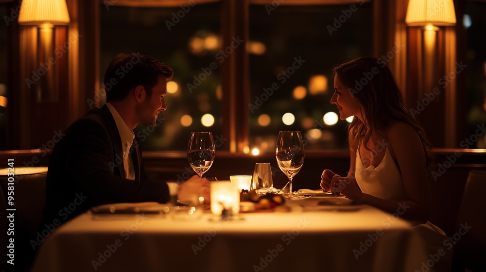 Couple enjoying a romantic dinner at an upscale restaurant with soft candlelight and warm ambiance in the evening Couple enjoying a romantic dinner at an upscale restaurant with soft candlelight and warm ambiance in the evening