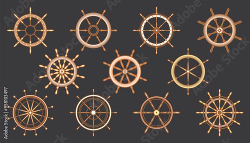 Wooden vintage steering wheels. Ship, sailboat or yacht retro wheel symbol. Brown nautical rudder icon. Marine logotype design element. Vector illustration