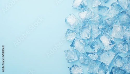 Clear ice cubes scattered on a light blue background, perfect for cocktail, drink, or refreshment concepts. photo