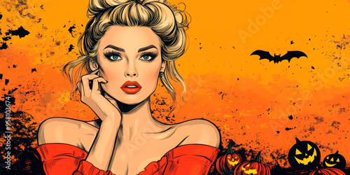 Pop art portrait of a blonde woman in red against a Halloween-themed orange background with bats and pumpkins. Ideal for Halloween promotions, fashion, and seasonal marketing campaigns.