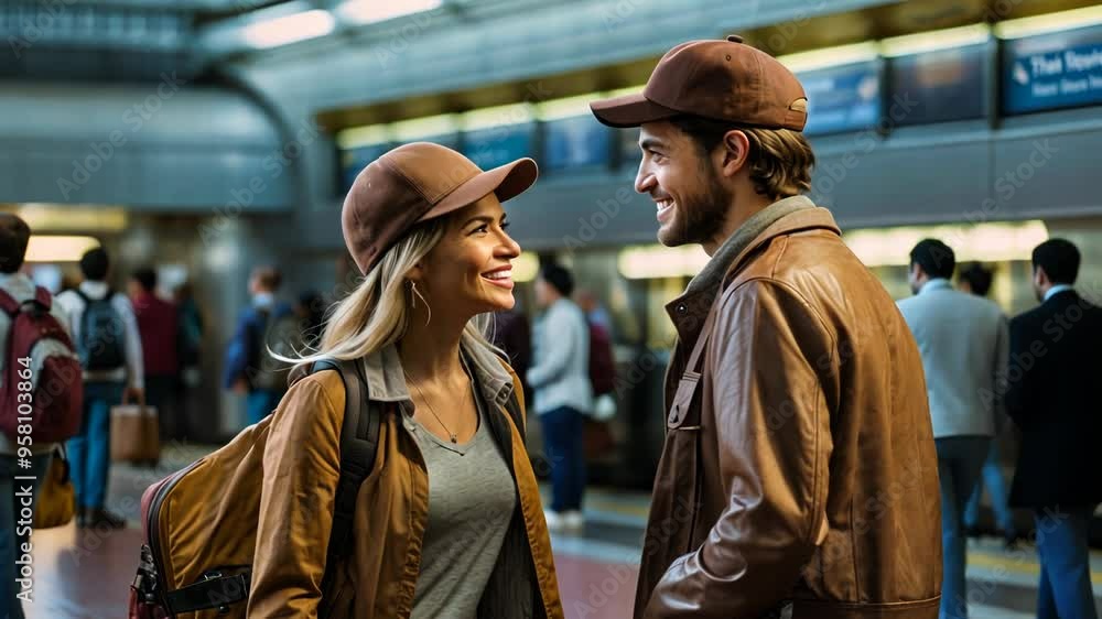 Couple Smiling and Holding Hands at a Train Station Couple Smiling and Holding Hands at a Train Station