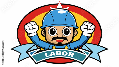 Cartoon Character in Hard Hat Celebrating Labor Day with Enthusiasm