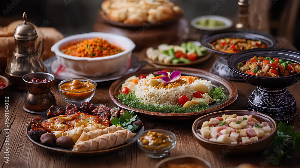 Ramadan kareem Iftar party table with assorted festive traditional Arab dishes on the wooden table Ramadan kareem Iftar party table with assorted festive traditional Arab dishes on the wooden table