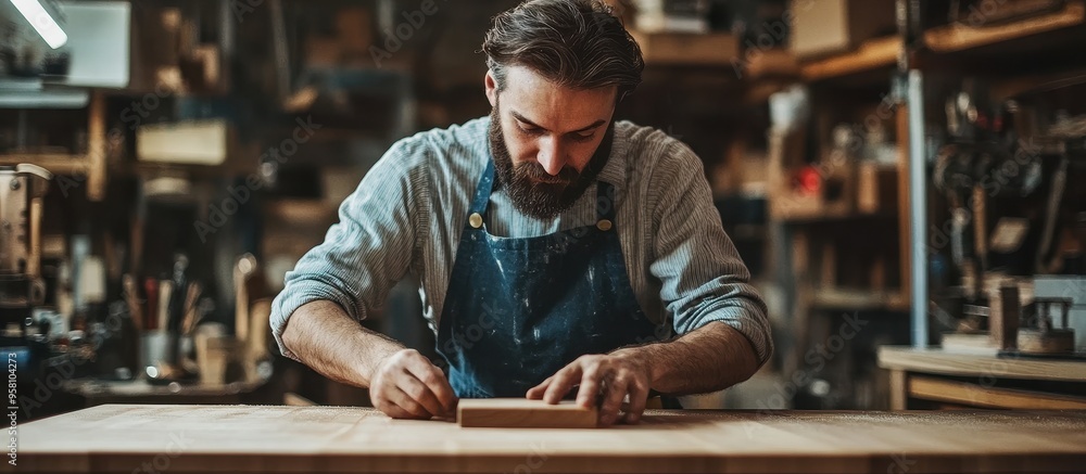 Skilled Craftsman Working in a Woodshop, Focused on Crafting a Wooden Piece with Precision and Care Skilled Craftsman Working in a Woodshop, Focused on Crafting a Wooden Piece with Precision and Care