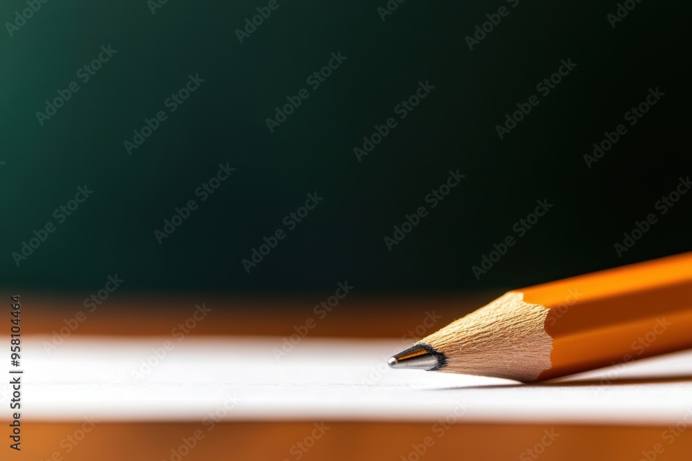Close-up of an orange pencil resting on a blank sheet of paper, perfect for creativity and education themes. Close-up of an orange pencil resting on a blank sheet of paper, perfect for creativity and education themes.