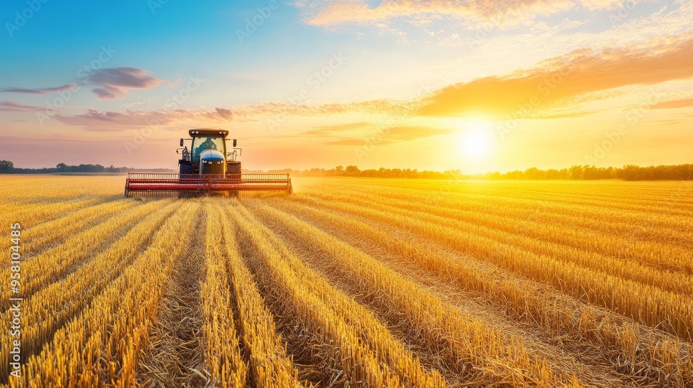 Fototapeta premium Harvesting wheat at sunset creates serene agricultural scene. golden fields stretch under vibrant sky, showcasing beauty of farming.